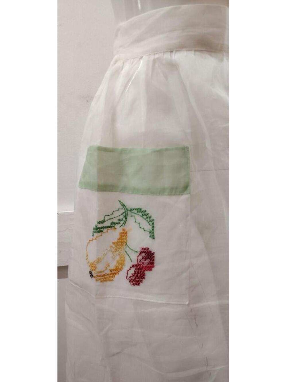 Vintage 1950s Apron White Organza Silk 50s 60s Cherries Fruity Pear HAND SEWN M